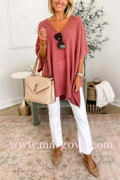 Chicest V Neck Loose Fit Solid Poncho Sweater