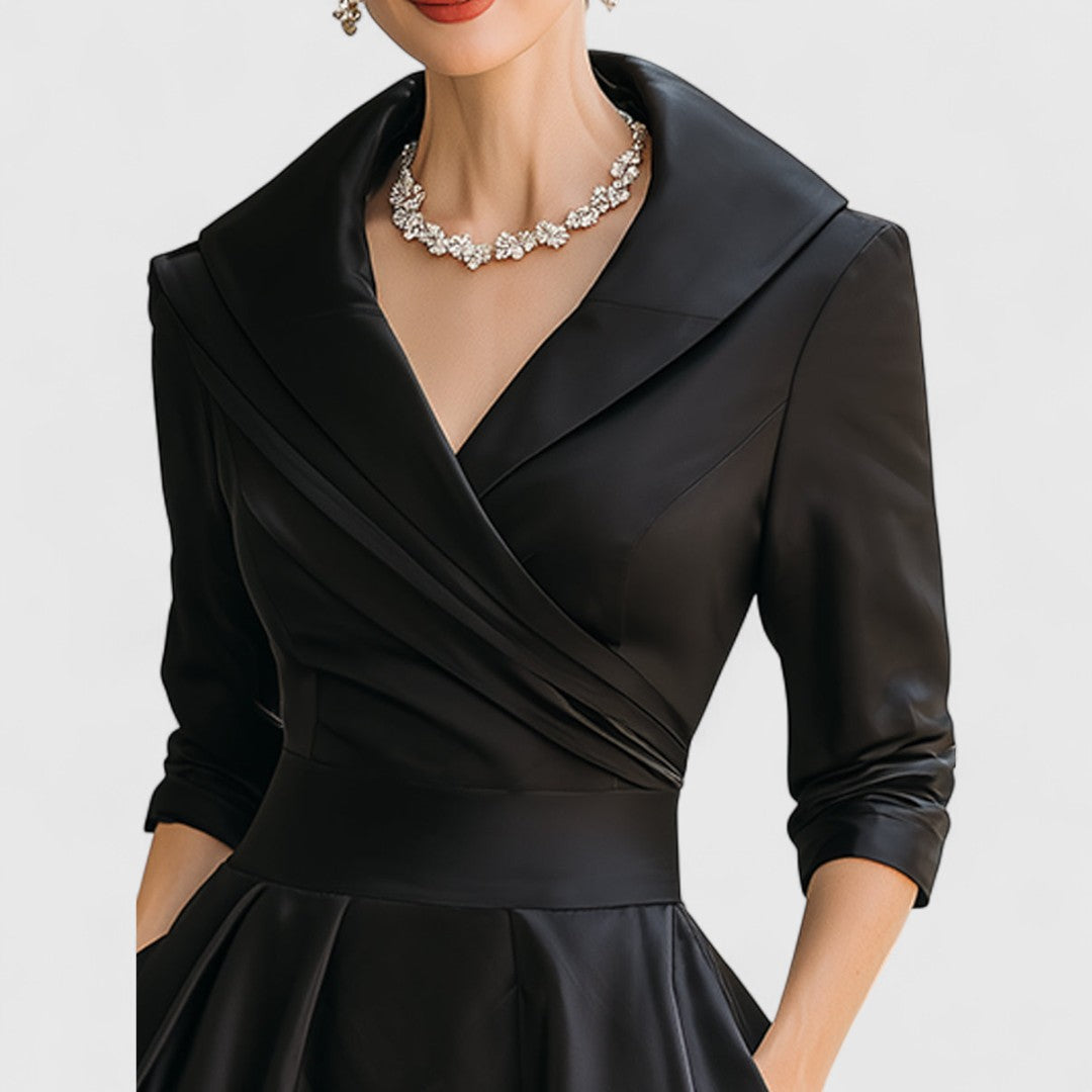 Shawl Collar Wrap Bodice Three Quarter Sleeve Pleated Pocket Midi Dress
