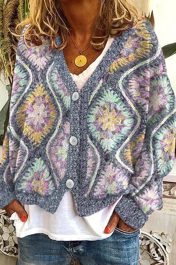 Fun and Chic Long Sleeved Cardigan with Fun Printed Buttons