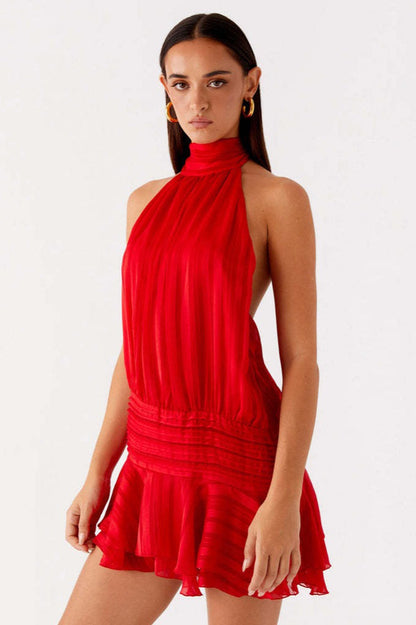 High Neck Halter Smocked Drop Waist Tiered Ruffle Mini Dress