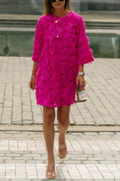 Solid Color Loose Round Neck Casual Tassel Mini Dress