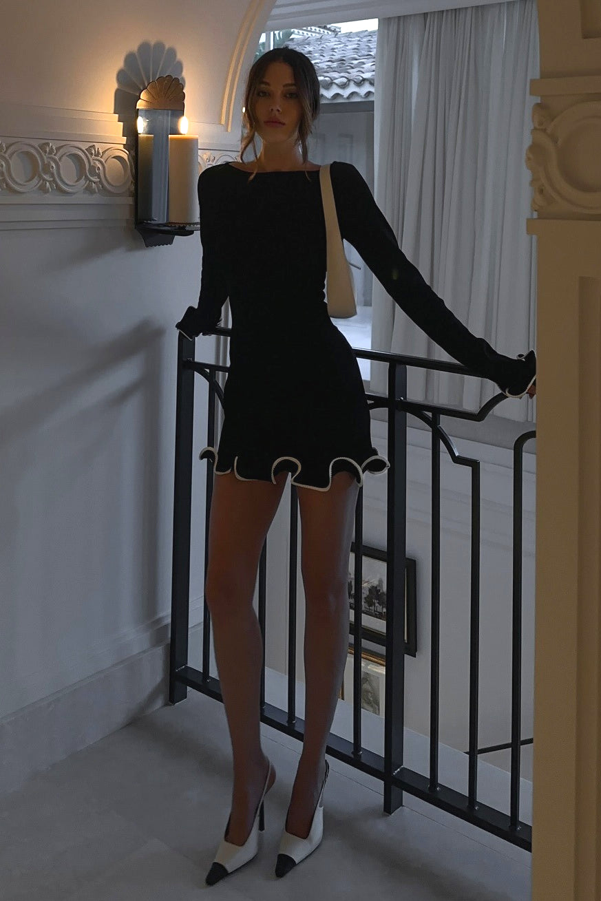 Ribbed Knit Boat Neck Wave Ruffle Trim Cuff Hem Long Sleeve Mini Dress