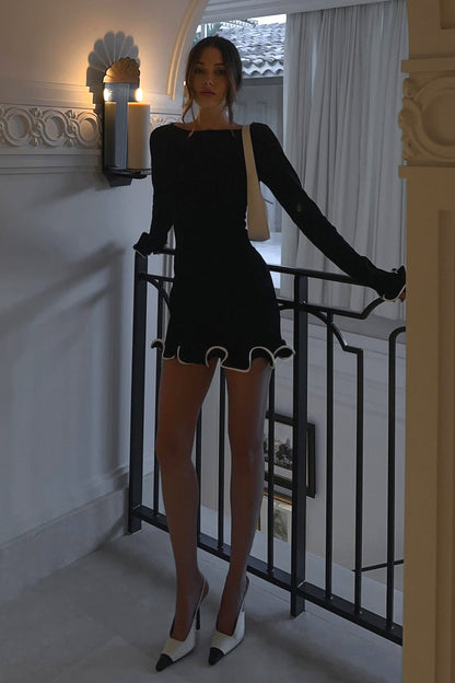 Ribbed Knit Boat Neck Wave Ruffle Trim Cuff Hem Long Sleeve Mini Dress