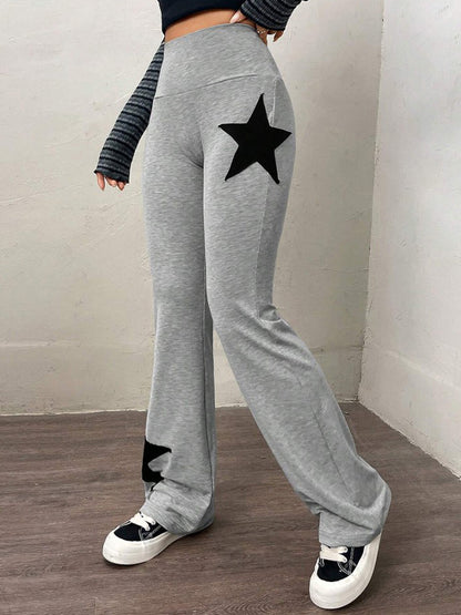Star Print Highly Elastic High Rise Flare Leg Pants
