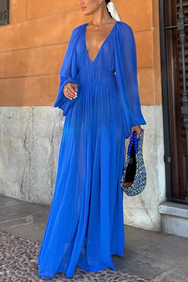 Plunging V-Neck Bishop Sleeve Empire Waist Plisse Pleated Maxi Dress