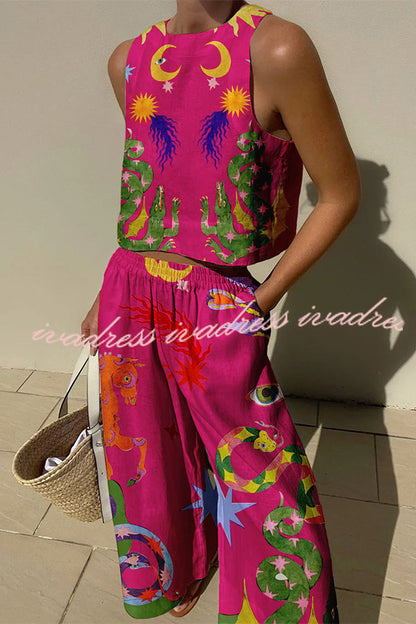 Island Dreaming Linen Blend Unique Print Tank and Elastic Waist Pocketed Pants Set