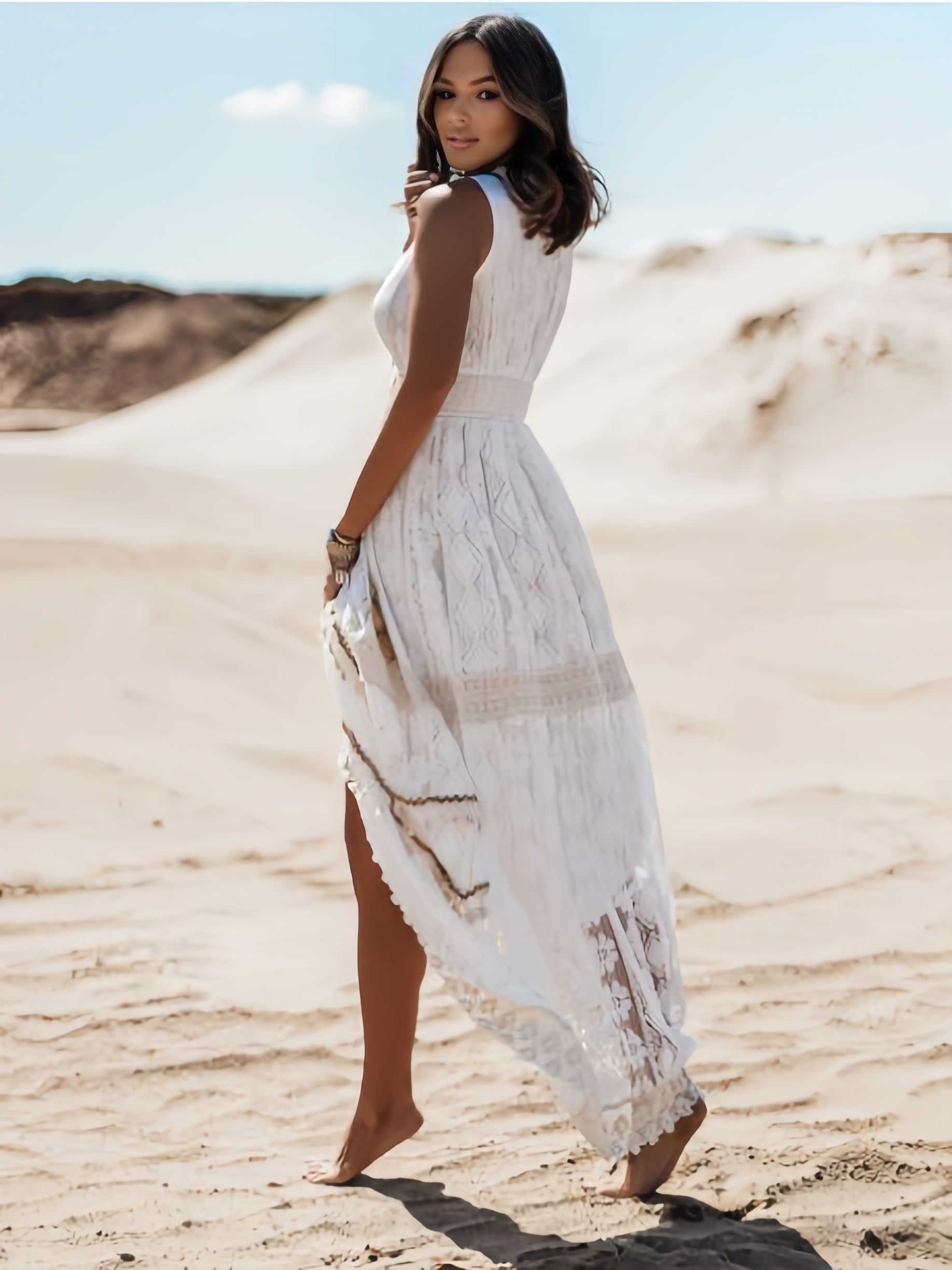 Lace Boho Maxi Dress For Women - Chic V Neck Sleeveless Hollow Out Sundress - Summer Beach Vacation 2026