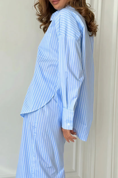 Striped Color Block Slit Long Sleeve Skirt Set