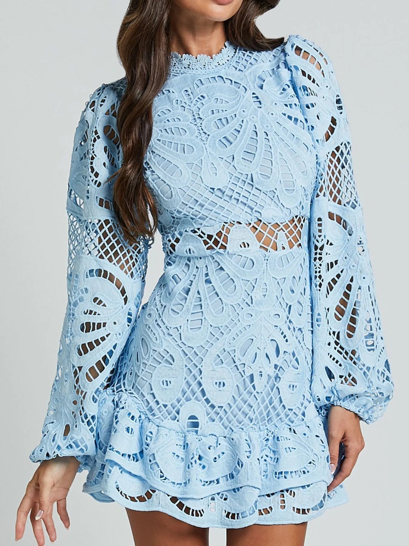 Floral Guipure Lace Mock Neck Bell Sleeve Tiered Ruffle Hem Mini Dress