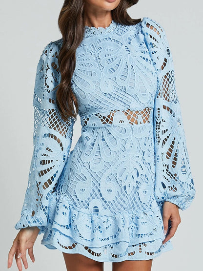 Floral Guipure Lace Mock Neck Bell Sleeve Tiered Ruffle Hem Mini Dress