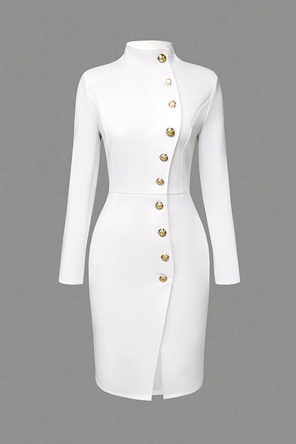Solid Color Stand Collar Metal Button Slim Midi Dress