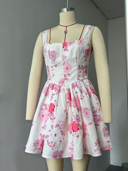 Pink Floral Print Sleeveless Mini Dress With Square Collar For Birthday Party 2026
