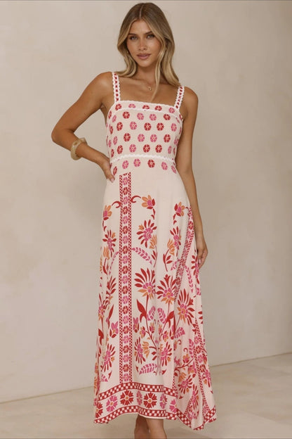 Scalloped Trim Square Neck Panel Print Border Hem Maxi Dress