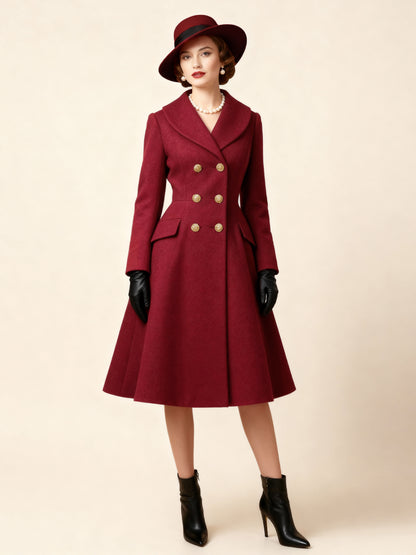 Vintage A-line Double-breasted Woolen Flared Midi Coat For Women 2026