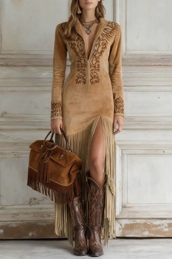 Fashionable Embroidered Fitted Long-sleeved Tassel Hem Maxi Dress