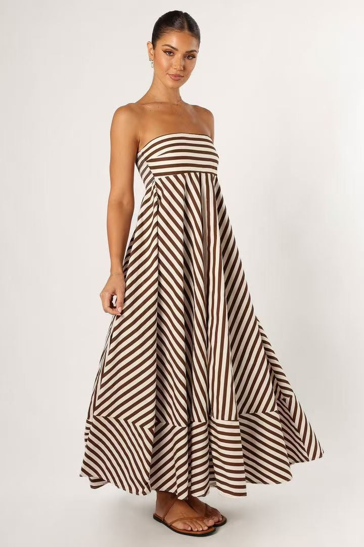 Strapless Multi Directional Chevron Stripe Panel Flared Maxi Dress