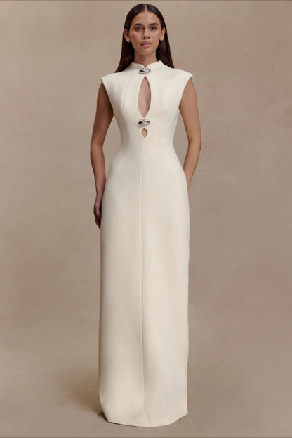 | Asymmetrical Cutout Maxi Dress with Metal Trim and Ruched Design