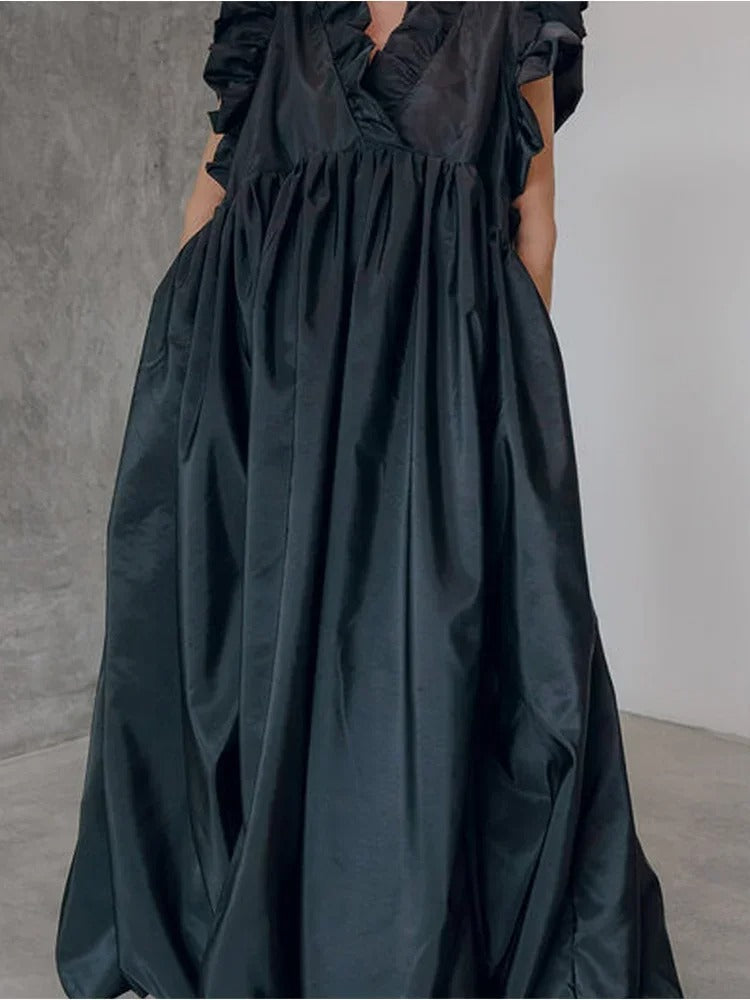 Deep V Neck Ruffle Shoulder Cap Sleeve Volume Pleated Maxi Dress
