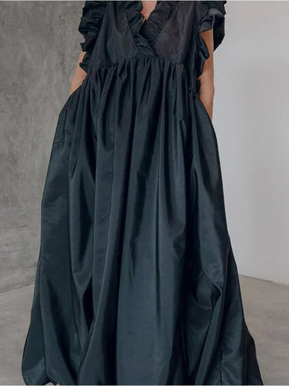 Deep V Neck Ruffle Shoulder Cap Sleeve Volume Pleated Maxi Dress
