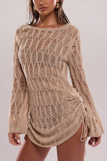 Fashionable Sheer Long-sleeved Backless Tie Slim-fit Mini Dress
