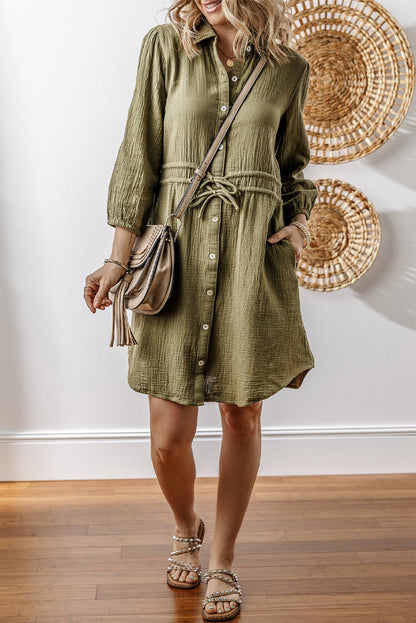Crinkle Texture Collared Drawstring Waist Puff Sleeve Pocket Shirt Mini Dress