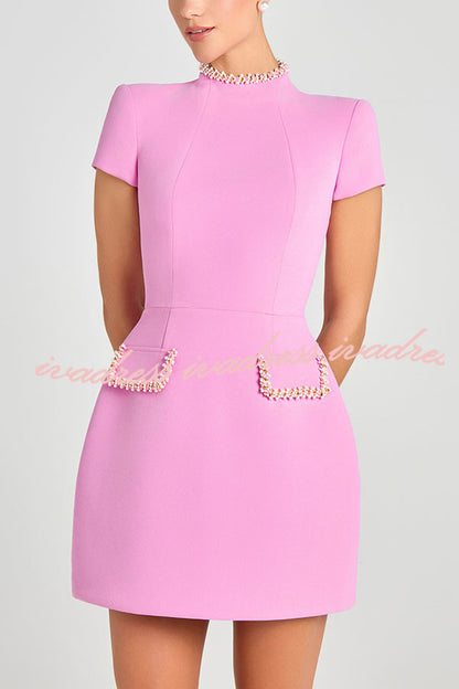 Sweet and Elegant Scent Pearl Trim Short Sleeve Pocketed Mini Dress