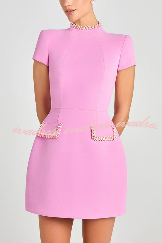 Sweet and Elegant Scent Pearl Trim Short Sleeve Pocketed Mini Dress