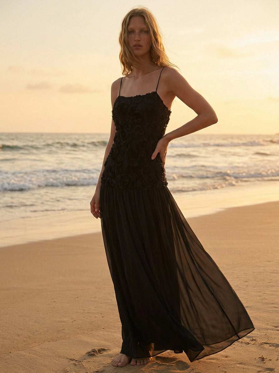 3D Floral Cami Maxi Dress for Women - Boho Rosette Bodice Flowy Spaghetti Strap Gown - Summer Beach Resort 2026
