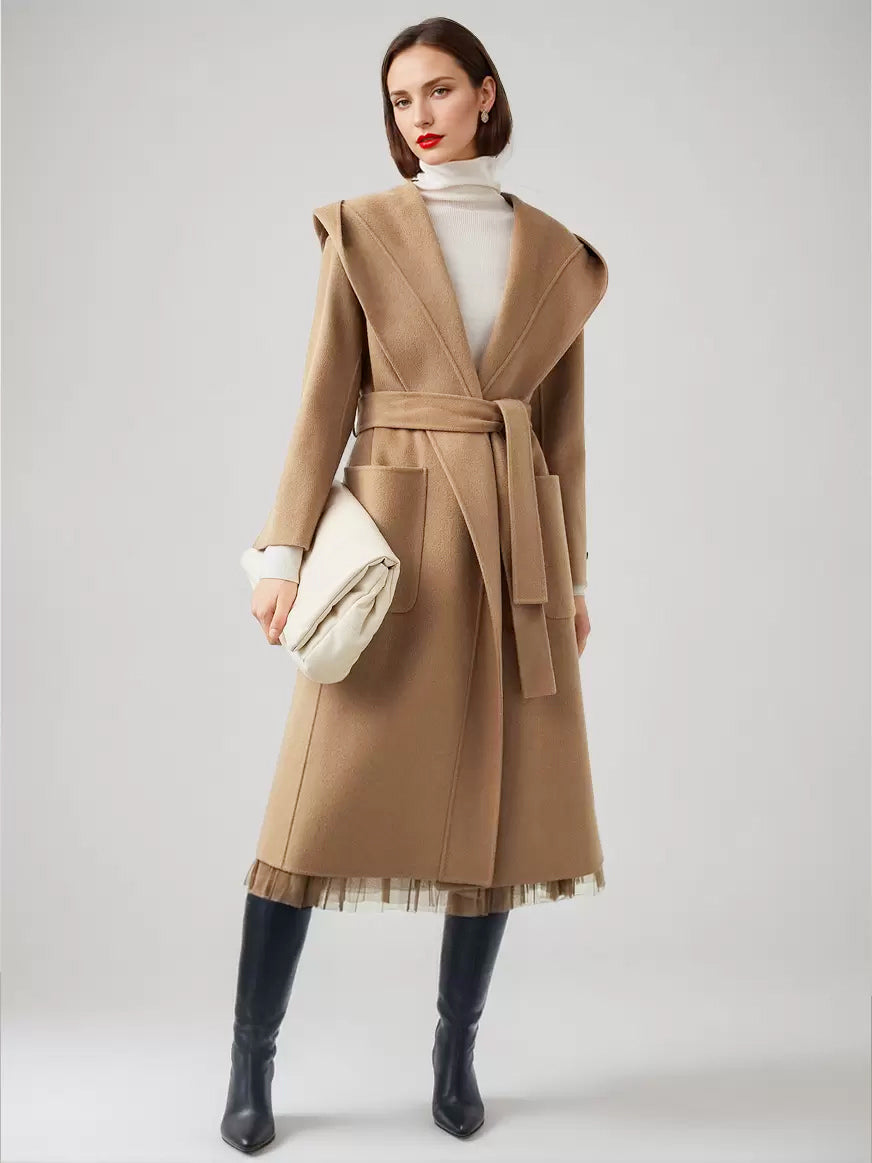 Wool Cashmere Blend Wrap Coat With Hood Double-Faced Camel Belted Winter Outerwear For Women 2026