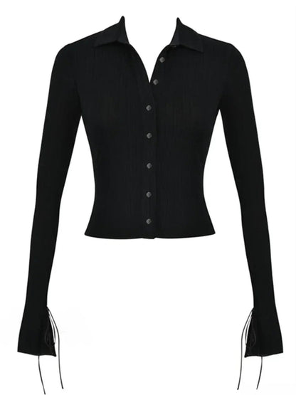 Long Sleeve Casual Turn-Down Collar Button-Down Knit Top