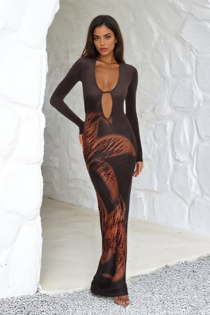 Plunge V-Neck Keyhole Ring Abstract Print Bodycon Maxi Dress