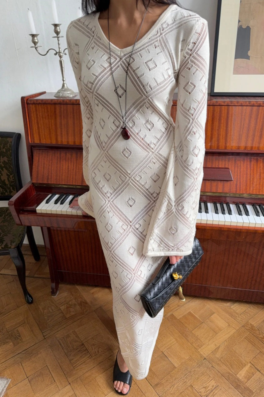 | Knit Argyle Jacquard Long Sleeve Maxi Dress