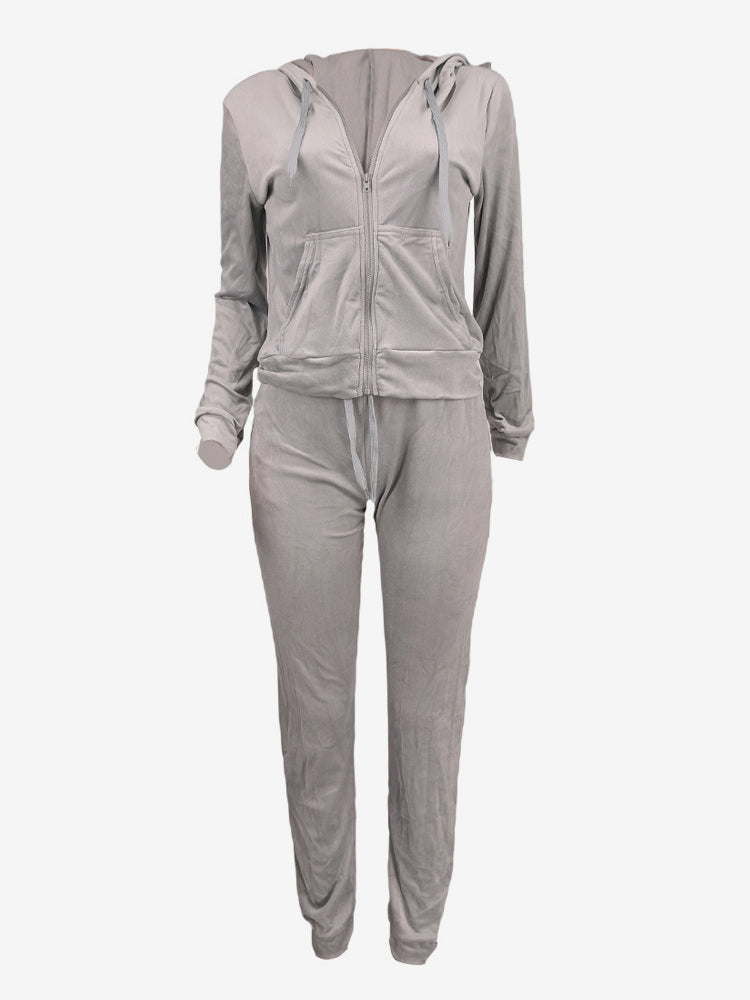 Velour Zip Up Slim Fit Hoodie Jogger Set For Women 2026