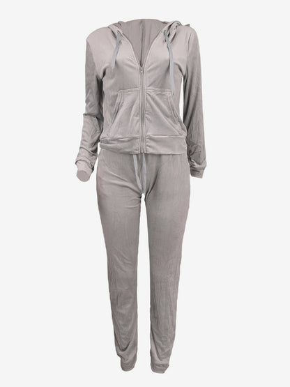 Velour Zip Up Slim Fit Hoodie Jogger Set For Women 2026