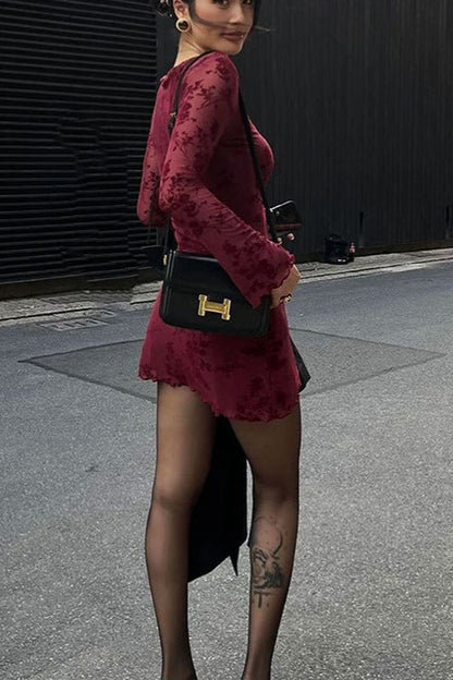 Boat Neck Long Sleeve Floral Burnout Velvet Bodycon Mini Dress