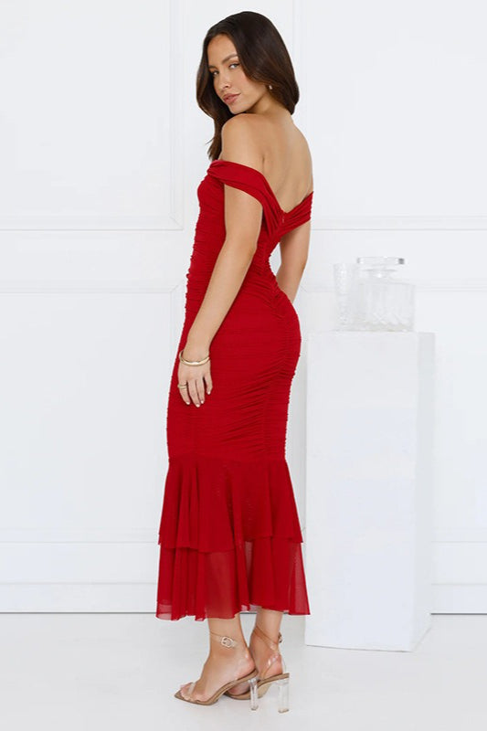 Off Shoulder Twist Front Ruched Tiered Mermaid Flounce Hem Midi Dress