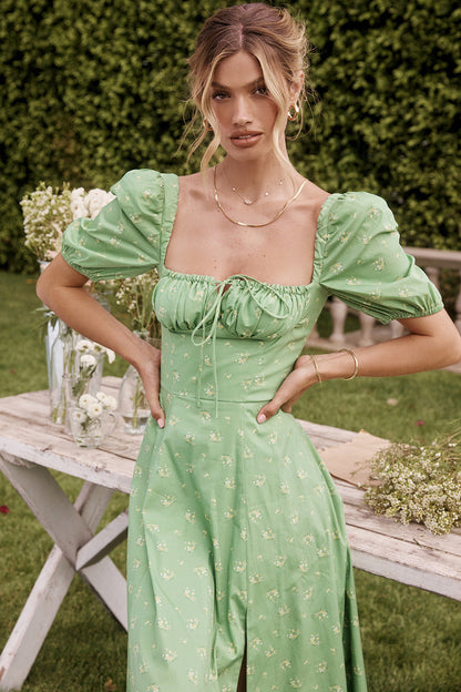 Tie Side Puff Sleeve Slit Floral Dress