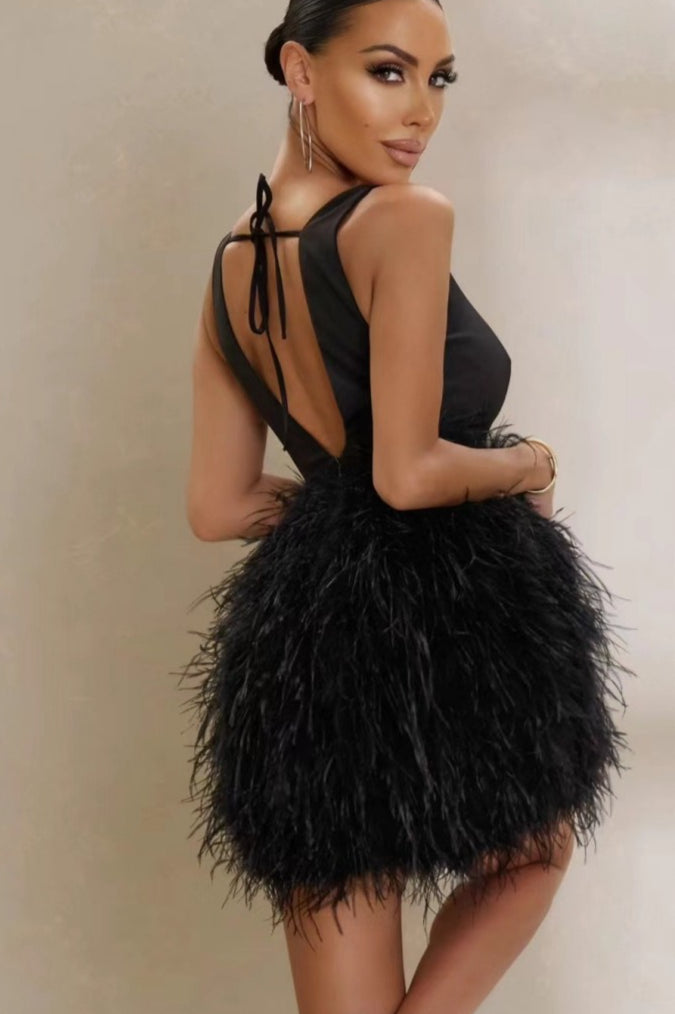 Deep V Neck Sleeveless Fitted Bodice Feather Trim Waist Mini Dress
