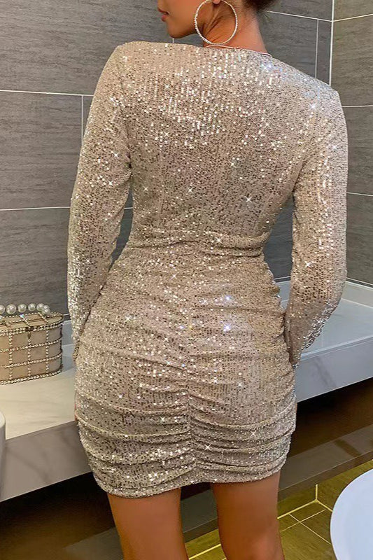 Deep V-Neck Long Sleeve Sequin Ruched Bodycon Mini Dress