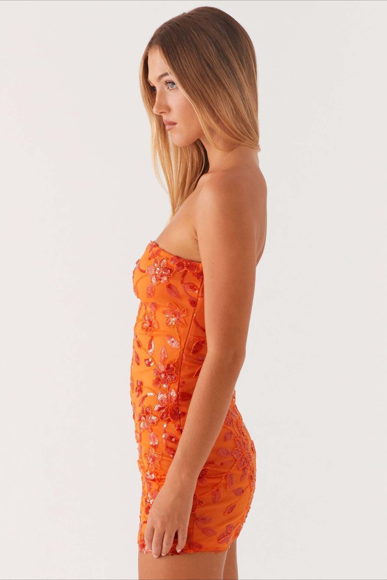 Strapless Floral Embroidered Sequin Mesh Ruched Bodycon Mini Dress