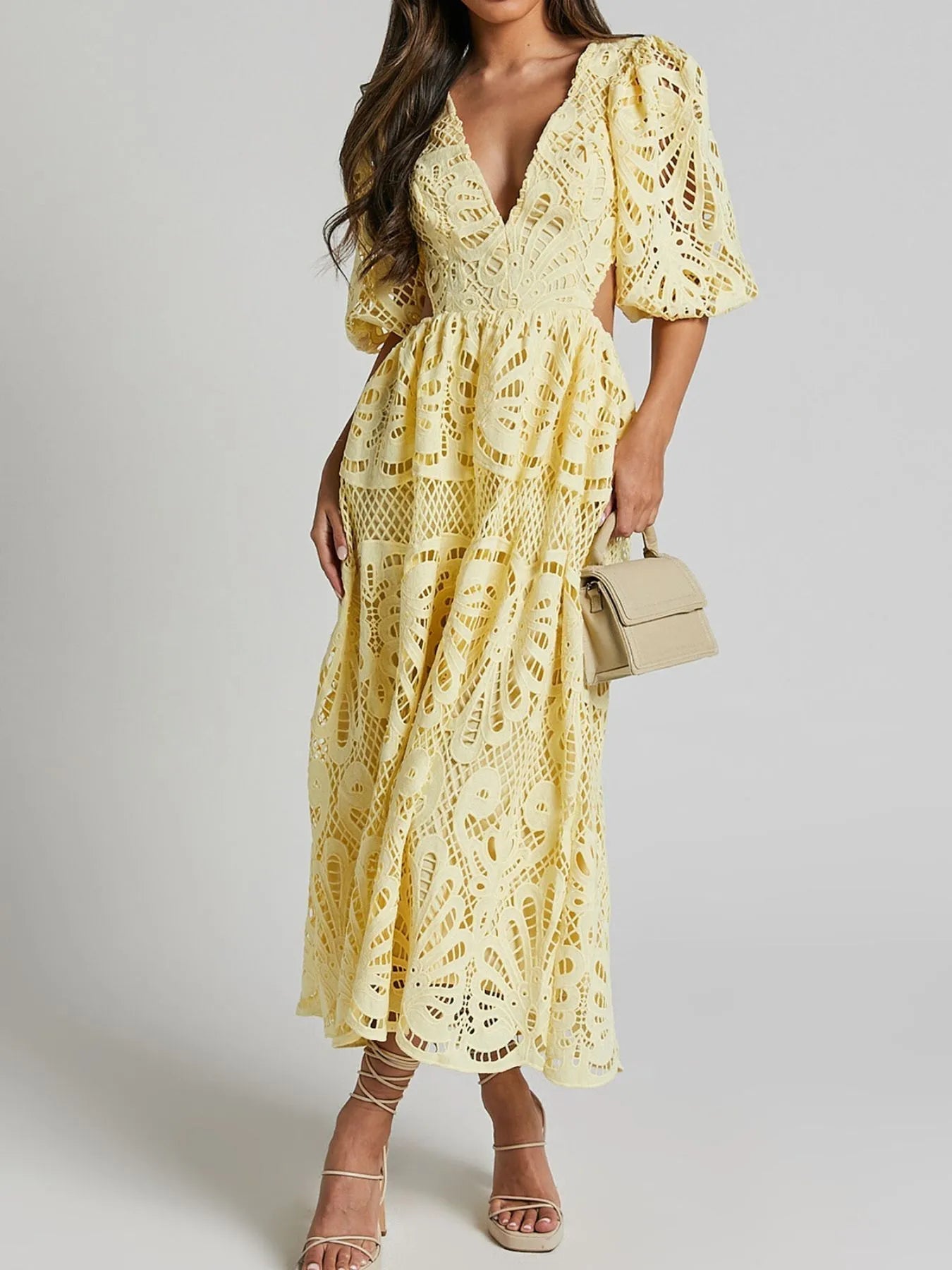 Guipure Lace Puff Sleeve Deep V-Neck Side Cutout Midi Dress