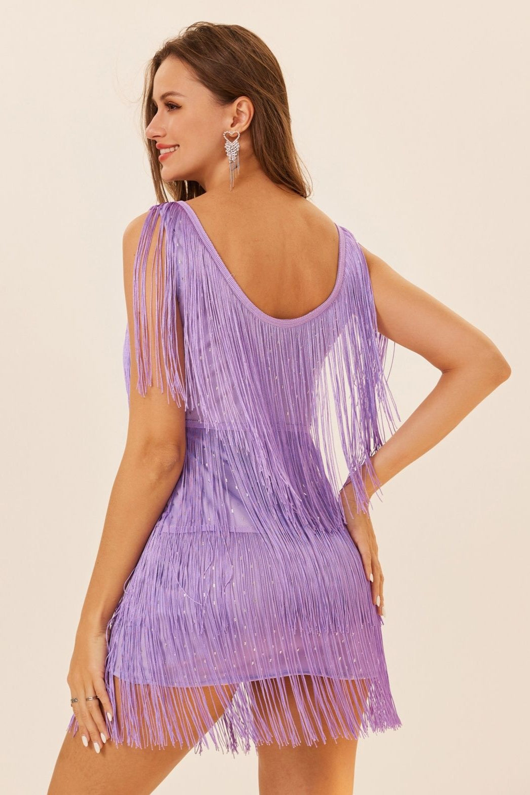 Sequin Tiered Fringe Deep V-Neck Sleeveless Mini Dress