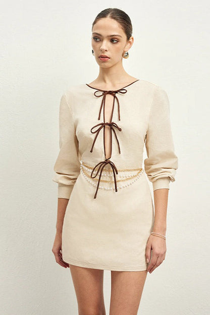 Round Neck Lace Up Front Cutout Bow Tie Long Sleeve Mini Dress