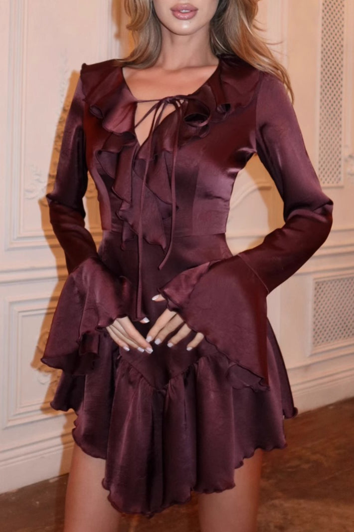 Tie Neck Deep V-Neck Ruffle Trim Flare Cuff Long Sleeve Mini Dress