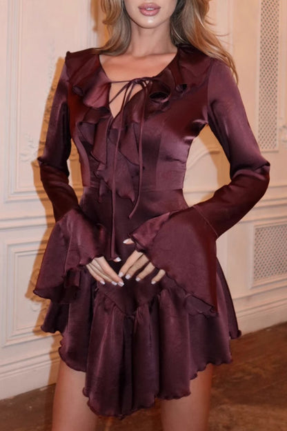 Tie Neck Deep V-Neck Ruffle Trim Flare Cuff Long Sleeve Mini Dress