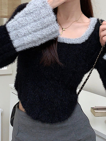 Contrast Color Splice Trumpet Sleeve Slim Sweater