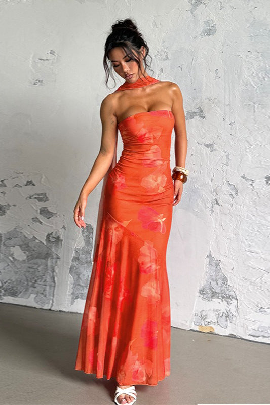 Strapless Tropical Floral Mesh Ruched Neck Scarf Detail Mermaid Maxi Dress