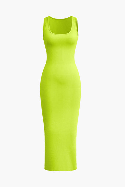 Ribbed Knit Scoop Neck Sleeveless Bodycon Midi Dress