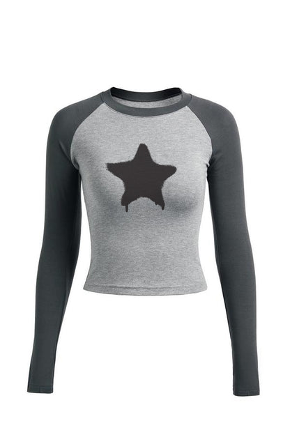 Star Print Contrast Raglan Sleeves Long Sleeve Tees