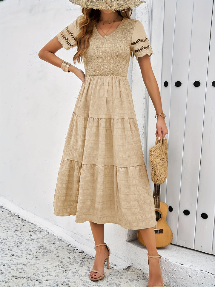 Eyelet Embroidery Smocked V-Neck Scalloped Cap Sleeve Tiered Crinkle Midi Dress